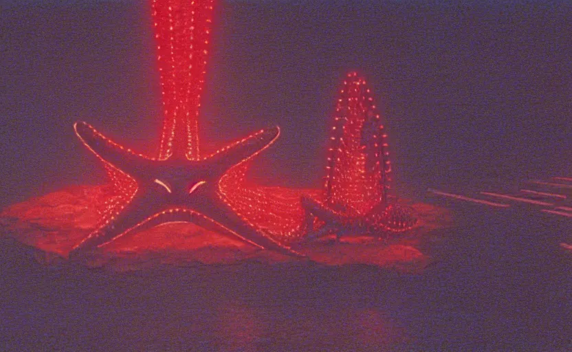 Image similar to light coming out of one starfish - like kaiju anthropomorphic monster, korean film noir by kim jong - il, korean traditional palace, pyongyang city, 1 9 6 0 s, red color bleed, 4 k, video compression, video glitch, monochrome, akira kurosawa, mamoru oshii, wes anderson, stanley kubrick