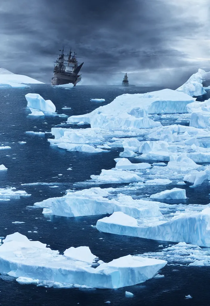 Image similar to ship being persecuted by a police ship over raging turbulent waters in antartica, icebergs in the background, hyper realistic, highly detailed, digital art, apocalyptic, intimidating lighting, raytracing, sharp focus, smooth, romanticism