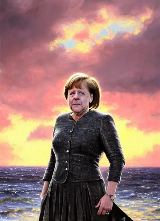 Image similar to Angela Merkel wearing black Armor, epic portrait of a very strong muscled Amazon heroine, sun beams across sky, pink golden hour, stormy coast, intricate, elegance, highly detailed, shallow depth of field, epic vista, Ralph Horsley, Daniel F. Gerhartz, Artgerm, Boris Villajo, Lilia Alvarado