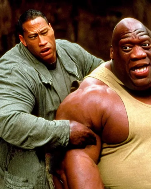 Image similar to film still close - up shot of dwayne johnson as john coffey petting a mouse in the movie the green mile. photographic, photography