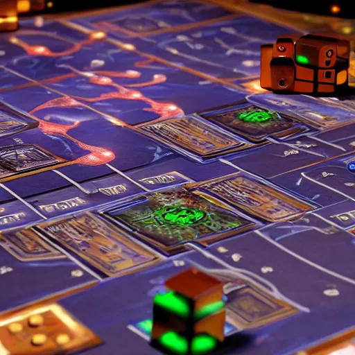 Prompt: An artificial intelligence creating a board game, 4k, dramatic lighting, high detail