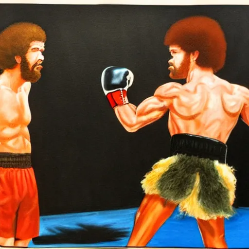 Prompt: Bob Ross fighting a kangaroo in a boxing ring