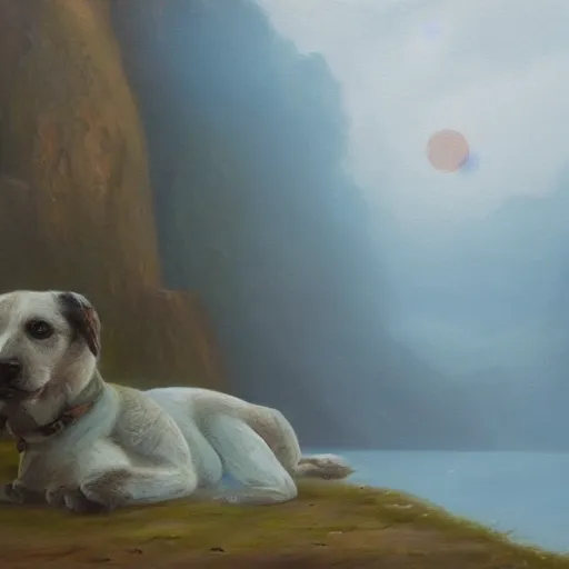 Prompt: dog lying next to a canyon close to the sea, evocative, mist, romanticism landscape painting