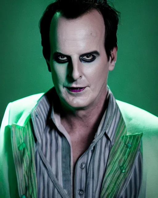 Image similar to Will Arnett as Beetlejuice, white makeup, green hair, cinematic lighting, 4k photograph