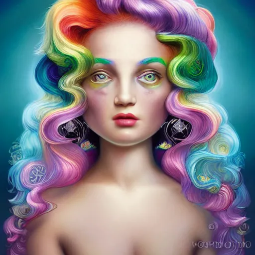 Image similar to a portrait the divine goddess of feminism, rosey cheeks, sparkles on eyelids, long rainbow hair highly detailed, ultra realistic digital painting, rococo, artstation, concept art, pop, smooth, sharp focus, illustration, art by mark ryden and lisa frank 3 d 8 k ultra detailed