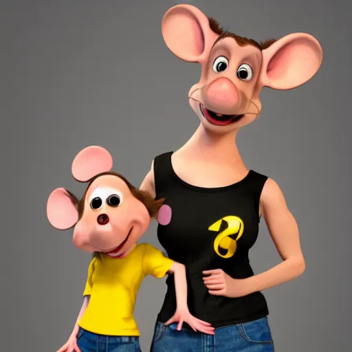 Prompt: 3 d render, portrait, upper body shot, mid shot, anthropomorphic mouse, female, wearing denim short shorts and a off yellow tank top shirt, in the style of flushed away