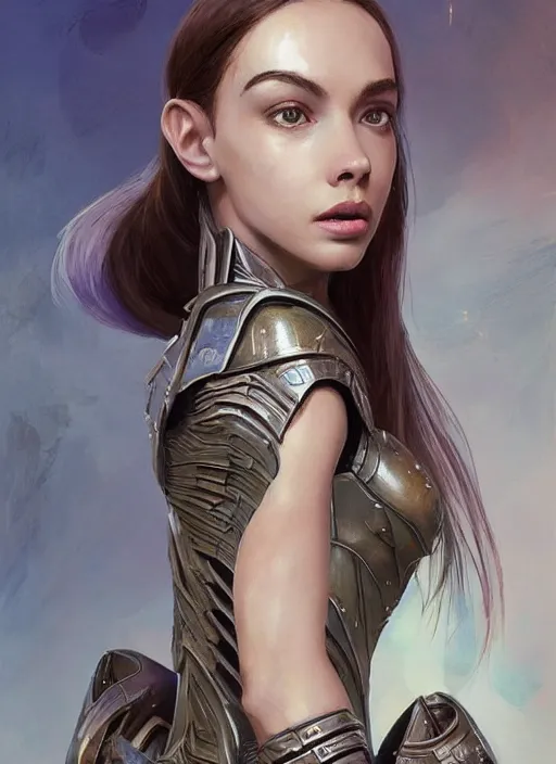 Image similar to a professional painting of a beautiful young female alien, clothed in ethereal armor, olive skin, long dark hair, beautiful bone structure, symmetrical facial features, intricate, elegant, digital painting, concept art, smooth, sharp focus, illustration, from Valerian and the City of a Thousand Planets, by Ruan Jia and Mandy Jurgens and Artgerm and William-Adolphe Bouguerea