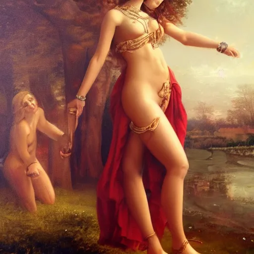 Prompt: Kiara Advani Aphrodite. history painting, dusk, implacable, artstation, oil on canvas, by Albert Aublet, Private Collection