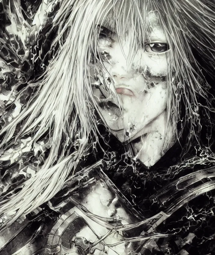 Image similar to Yoshitaka Amano realistic illustration of an anime girl with wavy white hair and cracks on her face wearing dark souls armour with the cape fluttering in the wind, abstract black and white patterns on the background, noisy film grain effect, highly detailed, Renaissance oil painting, weird portrait angle