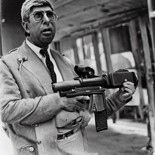 Image similar to historical footage of Patrick Balkany with a machine gun, by Sebastião Salgado, 35mm noisy