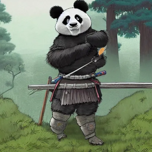 Prompt: panda bear wearing samurai armor standing in a ancient japanese village, highly detailed, ghibli style, by studio ghibli, art station, highly detailed