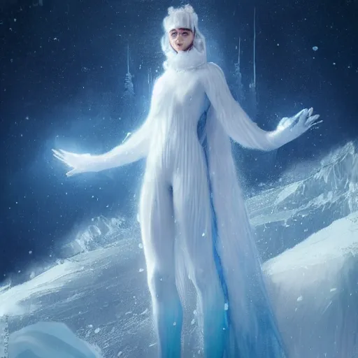 Image similar to a hyperrealistic illustration of a human in the Arctic, white long clothes, snow on the body, blue transparent ice with fractal sunlight, award-winning, masterpiece, in the style of Tom Bagshaw, Cedric Peyravernay, Peter Mohrbacher