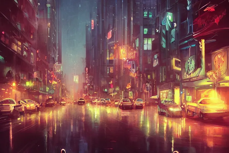 Image similar to a beautiful paiting of Night Life of downtown street by Ross Tran, dark ambient, beautiful, UHD, hyperrealism, Surreal and Fantasy Art, absurdist