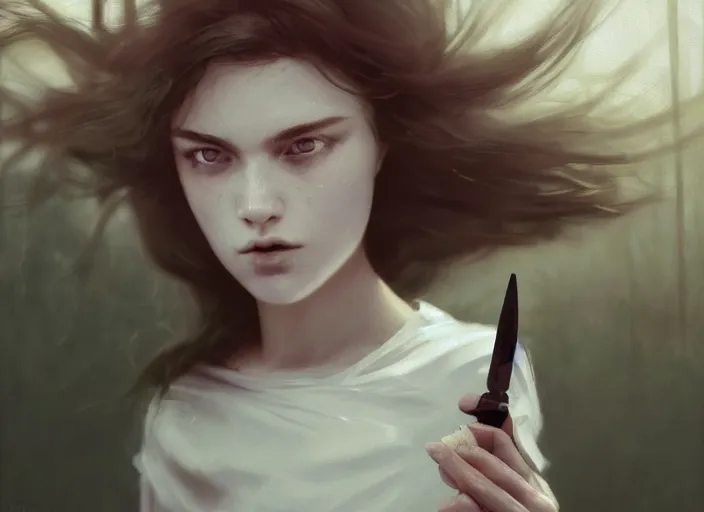Prompt: close up picture of a white dress girl chasing from grim reaper, holding a little knife, hard breathing, messy hair, messy lines, scared face, beautiful and aesthetic and attractive and detailed face, dramatic situation, specular reflection, occlusion shadow, intricate, bokeh, masterpiece, by ilya kuvshinov and jeremy lipking and quentin mabille