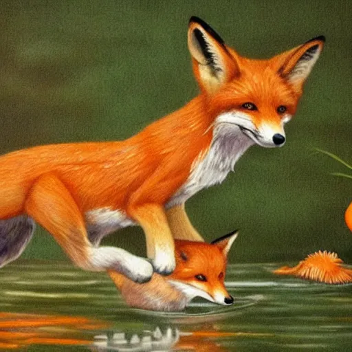 Prompt: foxes hunting goldfish