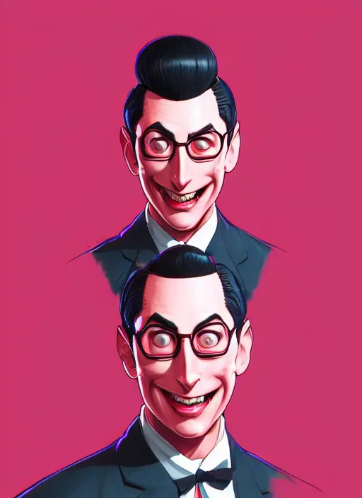 Image similar to pee wee herman, wide angle view, red and pink color scheme, highly detailed, artgerm, cushart krenz, king of fighters style, trending on artstation, soft light, sharp focus, illustration, character design, concept art