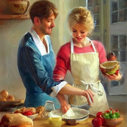 Prompt: Swedish blonde wife making breakfast to her husband, painting by Vladimir Volegov,