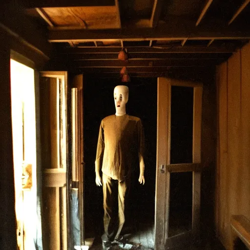 Image similar to dark attic with the man with a doll head