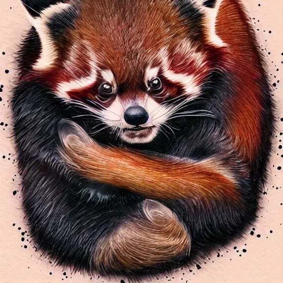 Image similar to “neotraditional tattoo of a red panda in xiaolin monk robes, digital art, tattoo art, highly detailed, hiperrealistic, photorealistic, 4k UHD, Zoltán Szente”