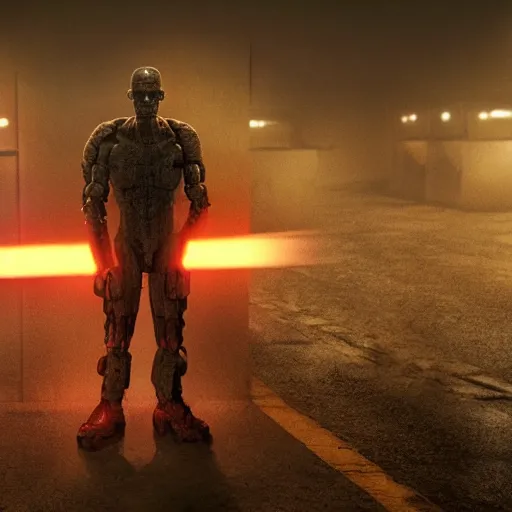 Image similar to cinematic, 4 k, full body portrait, rock golem as a soldier smoking a cigarette, still from the movie universal soldier, still from the movie terminator, still from the movie aliens, fog, dramatic lighting, full body shot, backlit, rim lighting, bladerunner, extreme detail, light rain, trending on artstation, spot light