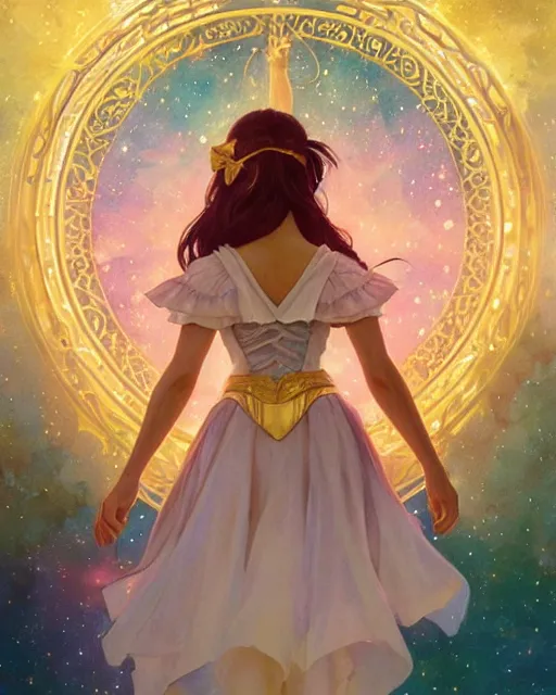 Prompt: sailor moon dancing with crescent moon background, highly detailed, gold filigree, romantic storybook fantasy, soft cinematic lighting, award, sisney concept art watercolor illustration by mandy jurgens and alphonse mucha and alena aenami, pastel color palette, featured on artstation