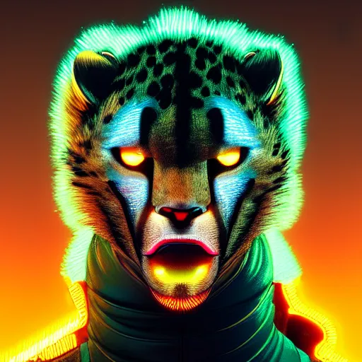 Image similar to a beautiful commission portrait of a male anthro cheetah wearing a neon jacket,futuristic,detailed face,mohawk,cyberpunk city,deviantart,artstation,art by greg rutkowski,ross tran,professional lighting,neon city,night,raytracing,highly realistic,4k,dramatic,hyperrealism