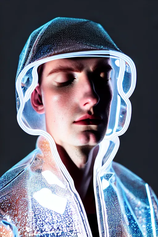 Image similar to an ultra high definition professional high fashion portrait studio full length photograph of a male model falling asleep wearing a transparent pearlescent raincoat and neon visor in an icelandic black rock environment at dawn. no artefacts. extremely detailed. stark. refraction. shallow depth of field. volumetric light and shadow. ray tracing. light rays.