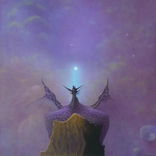 Image similar to a texturized beksinski dragon, flying through space, surrounded by purple novas, painting by Chet Zar