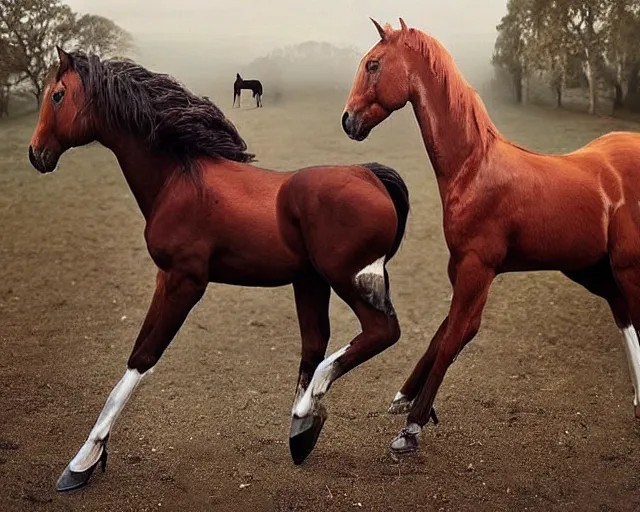 Image similar to incredible strange absurd artwork of horses with two legs, horses walking like humans with two legs, horses walking like humans in the style of tim walker fashion photography, horses doing human jobs