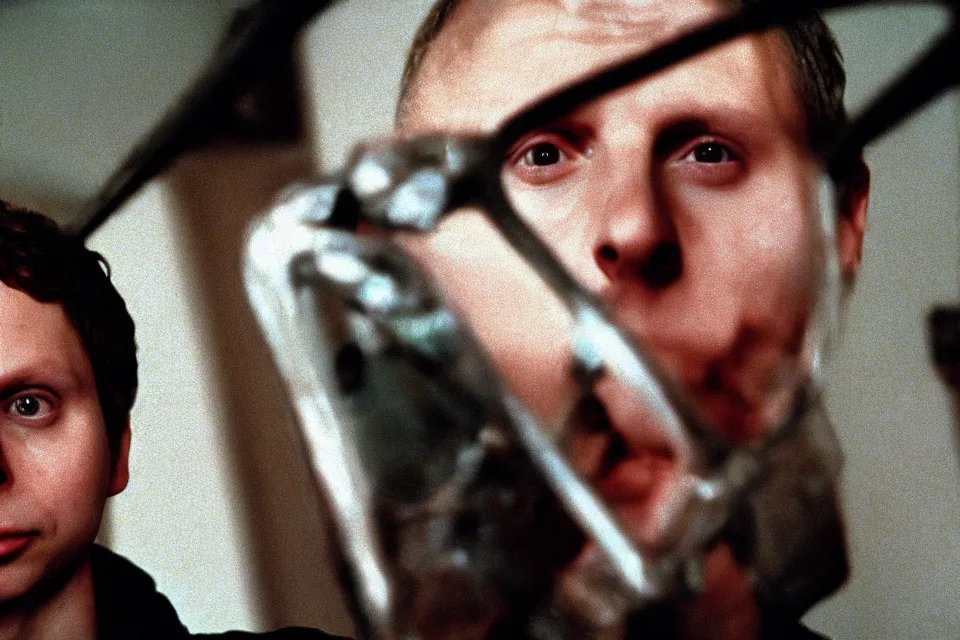 Image similar to michael cera as hannibal lecter in the silence of the lambs ( 1 9 9 1 ), cinematic, creepy, dramatic, 4 0 mm f / 2. 8, 3 5 mm film, color film