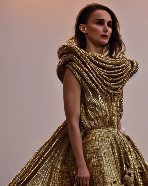 Image similar to nathalie portman at the new york fashion week, wearing an outfit made from golden chains, photo by greg rutkowski, soft lighting, female beauty, intricate detail, elegance, sharp shapes, masterpiece