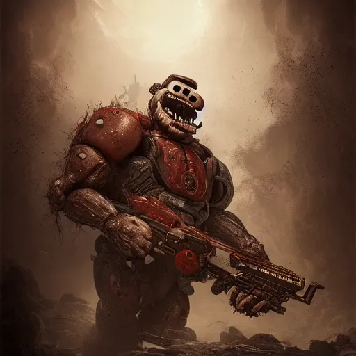 Prompt: Scary anthropomorphic Freddy (Five Nights at Freddy's) in Gears of War cover art, ultra wide lens shot, pretty, beautiful, DnD character art portrait, matte fantasy painting, eerie, DeviantArt Artstation, by Jason Felix by Steve Argyle by Tyler Jacobson by Peter Mohrbacher, cinematic lighting