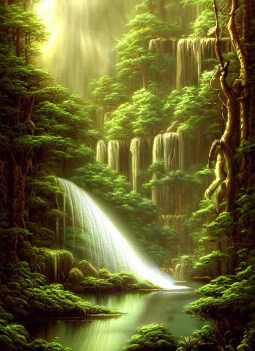 Image similar to a painting of a waterfall in a forest, a detailed matte painting by todd lockwood, deviantart, fantasy art, matte painting, matte drawing, airbrush art