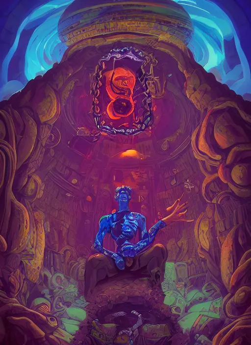 Prompt: portrait of armageddon djinn bringer in loot chamber filled with magic items in the style of Rob Lefield and Dan Mumford , trending on artstation, digital art,surrealism ,macro,blueprint ,vaporwave ,