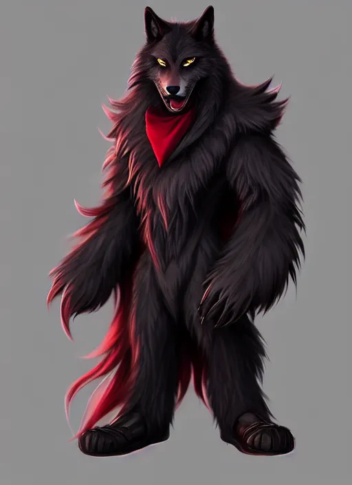 Image similar to character concept art of a black anthropomorphic furry male wolf long red hair | | cute - fine - face, pretty face, key visual, realistic shaded perfect face, fine details by stanley artgerm lau, wlop, rossdraws, james jean, andrei riabovitchev, marc simonetti, and sakimichan, trending on artstation