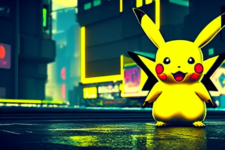 Image similar to a pikachu in a cyberpunk city. super realistic 8 k render of a elegant, cinematic composition