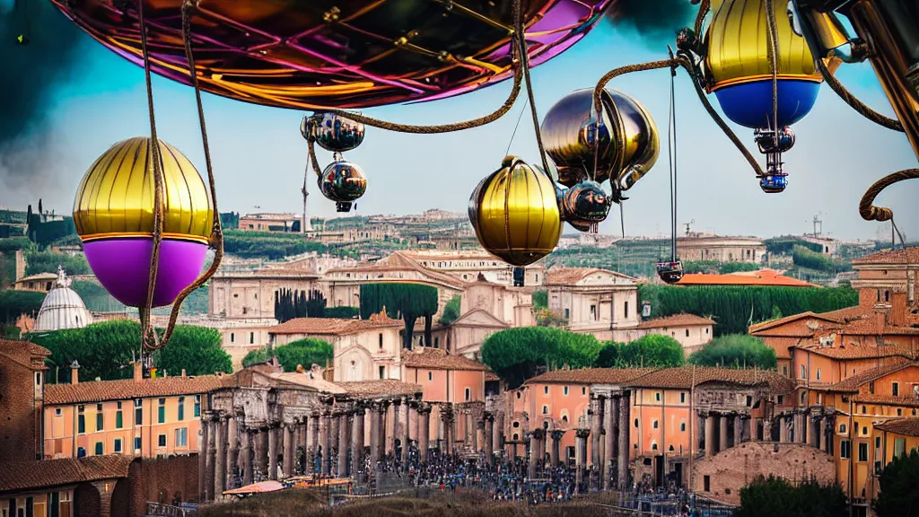 Image similar to large colorful futuristic space age metallic steampunk steam powered balloons with pipework and electrical wiring around the outside, and people on rope swings underneath, flying high over the beautiful medieval rome city landscape, professional photography, 8 0 mm telephoto lens, realistic, detailed, photorealistic, photojournalism