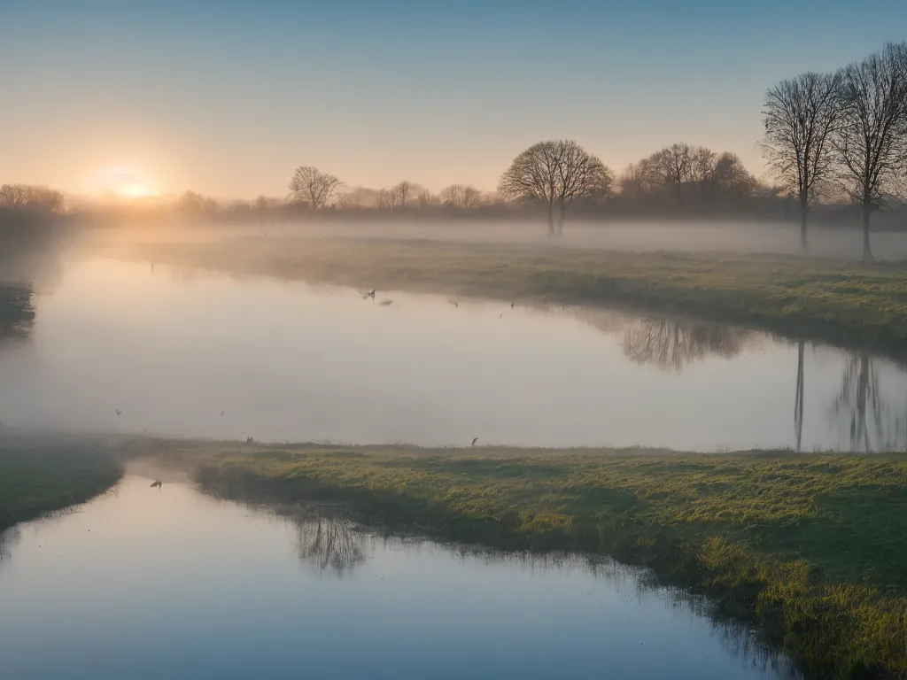 Image similar to A landscape photo taken by Kai Hornung of a river at dawn, misty, early morning sunlight, cold, chilly, two swans swim by, rural, English countryside