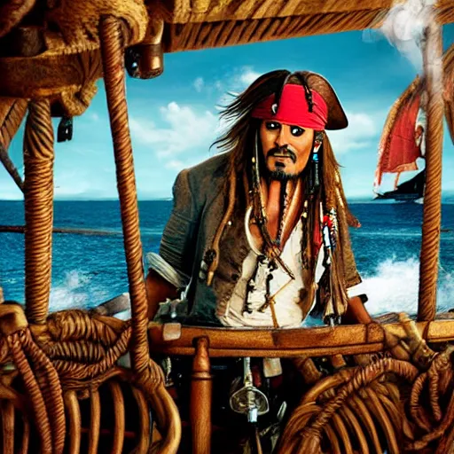 Image similar to jack sparrow drinks rum from bottle at the deck of pirate ship, focus, 3 d illustration, sharp, intricate, poster,, photo, detailed photo, scene from pirates of caribbean