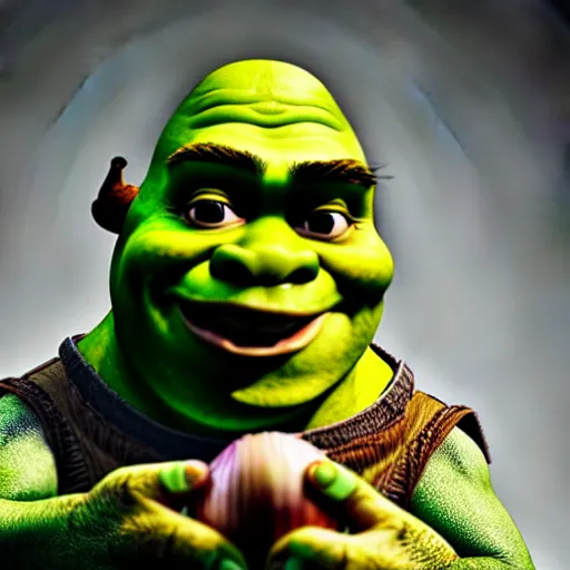 Image similar to a stock photo of shrek eating an onion, 8 k, ultra - realistic, white background, face cluse - up, studio lighting, low exposure