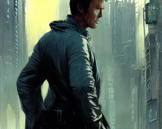 Prompt: 2 0 1 8 blade runner movie very very young clint eastwood in his youth western look at the cityscape from roof perfect face fine realistic face pretty face reflective polymer suit tight neon puffy jacket blue futuristic sci - fi elegant by denis villeneuve tom anders zorn hans dragan bibin thoma greg rutkowski ismail inceoglu illustrated sand storm alphonse mucha