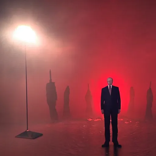 Image similar to putin with face lit by red glow at midnight, atmospheric epic award winning photo with volumetric cinematic lighting. huge pile of dead bodies in the background