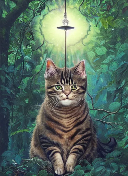 Image similar to a hyper realistic cat god with happy lighting and technology jewelry in the woods gorgeous lighting, sunbeams blue sky, lush forest foliage painting by chiara bautista and beksinski and norman rockwell and greg rutkowski weta studio, and lucasfilm