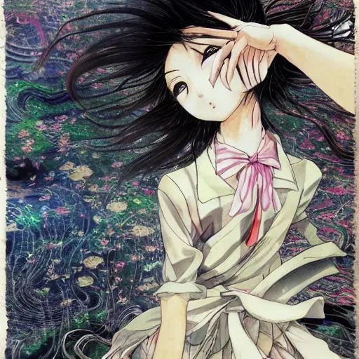 Image similar to yoshitaka amano blurred and dreamy realistic illustration of an anime girl with black eyes, wavy white hair fluttering in the wind wearing dress suit with tie, junji ito abstract patterns in the background, satoshi kon anime, noisy film grain effect, highly detailed, renaissance oil painting, weird portrait angle, blurred lost edges, three quarter view