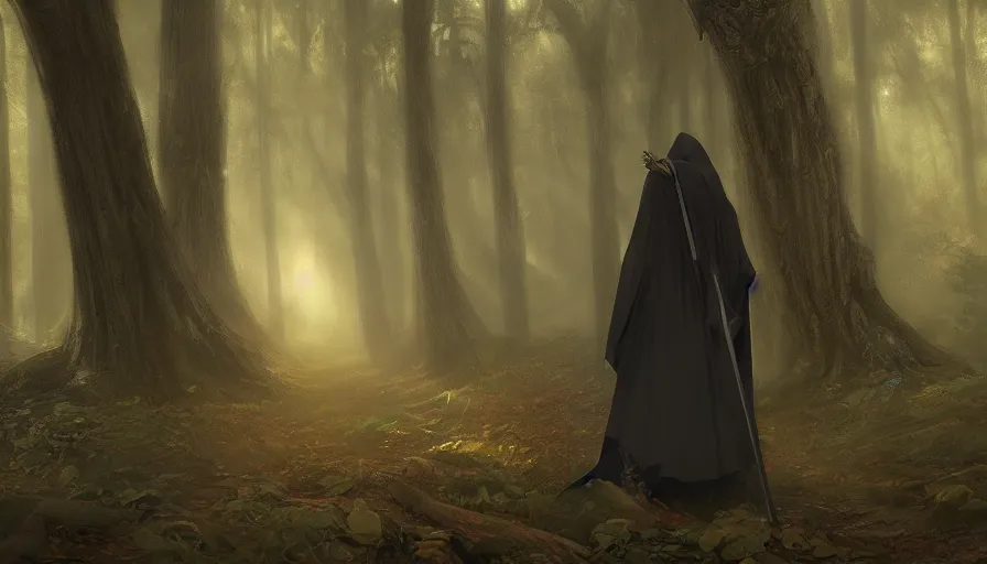 Image similar to A beautiful painting of a the grim reaper wearing a flowing cloak in a magical forest, ray traced sun light, by greg rutkowski and Kalin Popov , Trending on artstation HD.