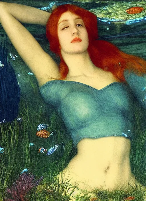 Image similar to lady laying under the sea on the seabed amongst the weeds, underwater shot, submerged, medium shot, on the bed of the river preraphaelite colour photography by rosetti, 8 k