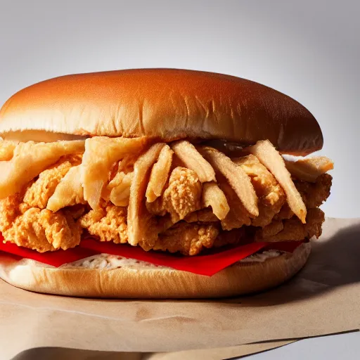 Prompt: a kfc chicken sandwich slathered in sauce, 4 k product photo