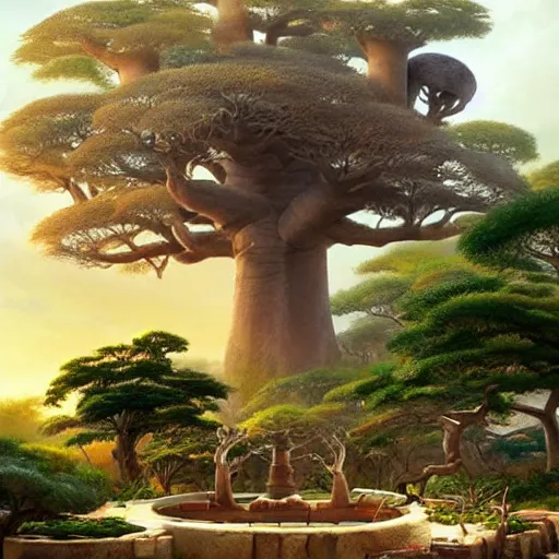 Prompt: an african zen garden with a baobab tree by greg rutkowski and thomas kinkade