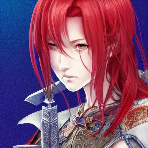 Prompt: a red haired female knight with a holy sword as an absurdly beautiful, elegant, sensual anime girl, blue background, ultrafine hyperrealistic detailed face illustration by kim jung gi, irakli nadar, intricate linework, sharp focus, bright colors, matte, octopath traveler, final fantasy, unreal engine highly rendered, global illumination, radiant light, intricate environment