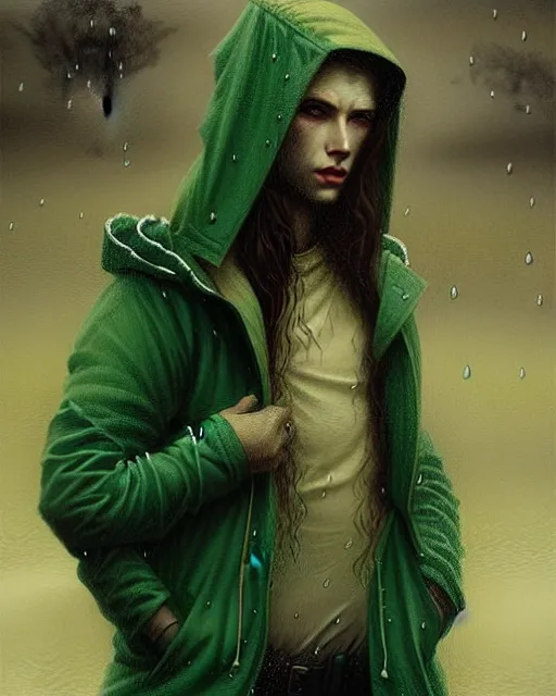 Image similar to portrait Green hooded jacket coat Hunter man elf, long-haired At the rainy town, soaked By greg rutkowski, tom bagshaw, beksinski